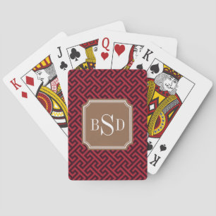 Chic red greek key geometric patterns monogram playing cards