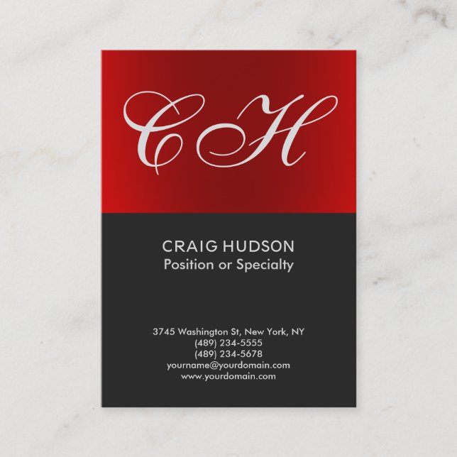 Chic Red Grey Monogram Professional Business Card (Front)