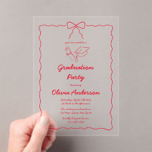 Chic Red Hand-Drawn Bow Squiggle Graduation Party
