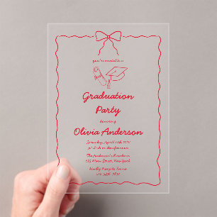 Chic Red Hand-Drawn Bow Squiggle Graduation Party Acrylic Invitations