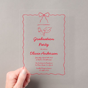 Chic Red Hand Drawn Squiggle Bow Graduation Party Acrylic Invitations