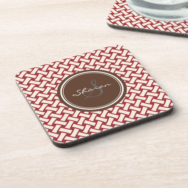 Chic red herringbone geometric patterns monogram coaster (Left Side)