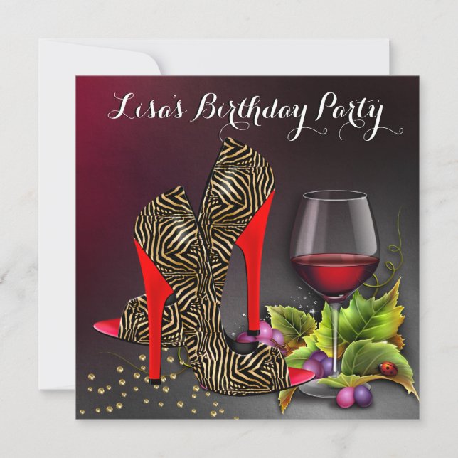 Chic Red High Heels Red Wine Birthday Party Invitation (Front)