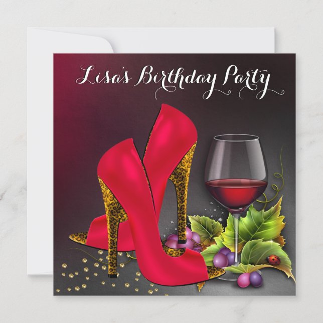 Chic Red High Heels Red Wine Birthday Party Invitation (Front)