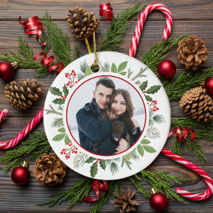 Chic Red Holly Berry Christmas Wreath Couple Photo Ceramic Ornament
