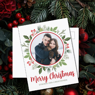 Chic Red Holly Berry Christmas Wreath Couple Photo Holiday Postcard