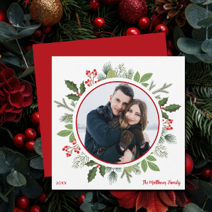 Chic Red Holly Berry Leaf Christmas Wreath Photo Holiday Card