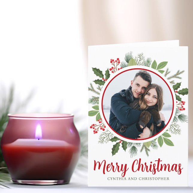 Chic Red Holly Christmas Wreath Photo Folded Holiday Card (Creator Uploaded)