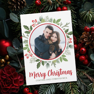 Chic Red Holly Christmas Wreath Photo Magnet Card