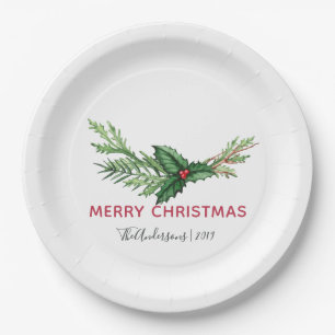 Chic Red Holly Leaves Bouquet Christmas Holiday Paper Plate