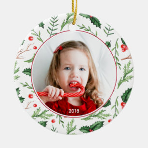 Chic Red Holly Pattern Christmas Photo Holiday Ceramic Ornament