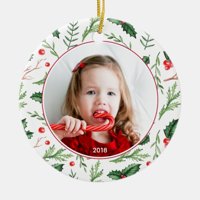 Chic Red Holly Pattern Christmas Photo Holiday Ceramic Ornament (Front)