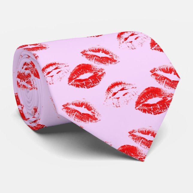 Chic Red Lip Print Tie on lavender Background (Rolled)