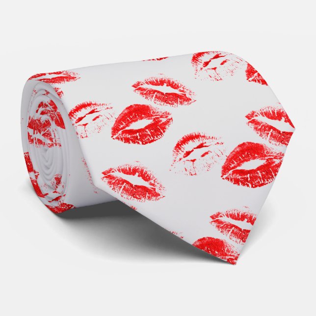 Chic Red Lip Print Tie on Light Grey Background (Rolled)