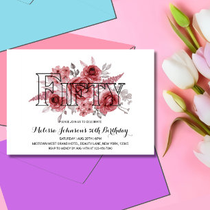 Chic Red Maroon Greenery Floral 50th Birthday Invitation