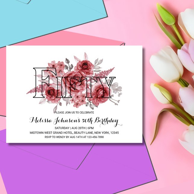 Chic Red Maroon Greenery Floral 50th Birthday Invitation (Creator Uploaded)