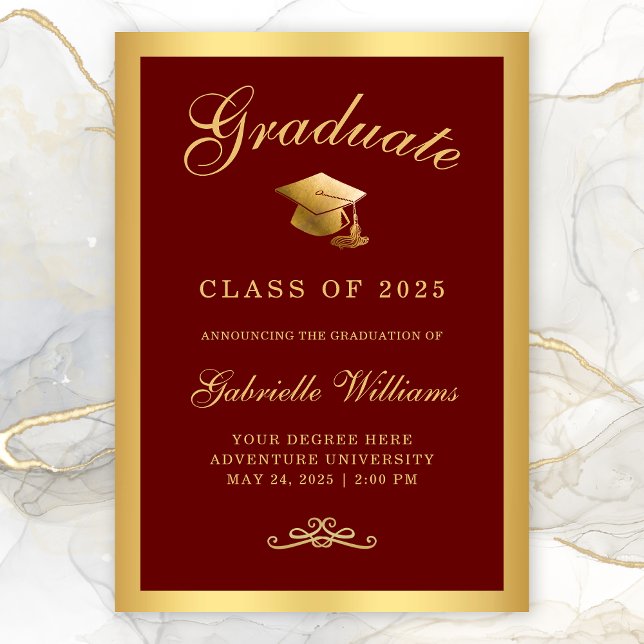 Chic Red Marroon Gold Frame Script Graduation Announcement (Chic Maroon Gold Border Typography Graduation Announcement)