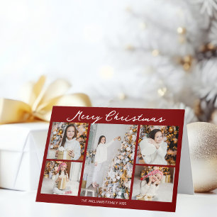 Chic Red Merry Christmas Photo Collage Folded Holiday Card
