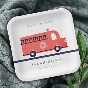 Chic Red Navy Fire Truck Engine Baby Shower Paper Plate