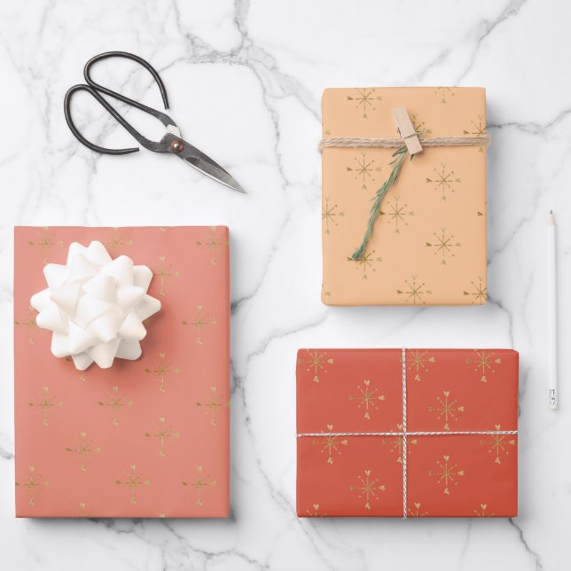 Chic Red Peach Salmon | Gold Snow star Christmas  Wrapping Paper Sheet (Front)