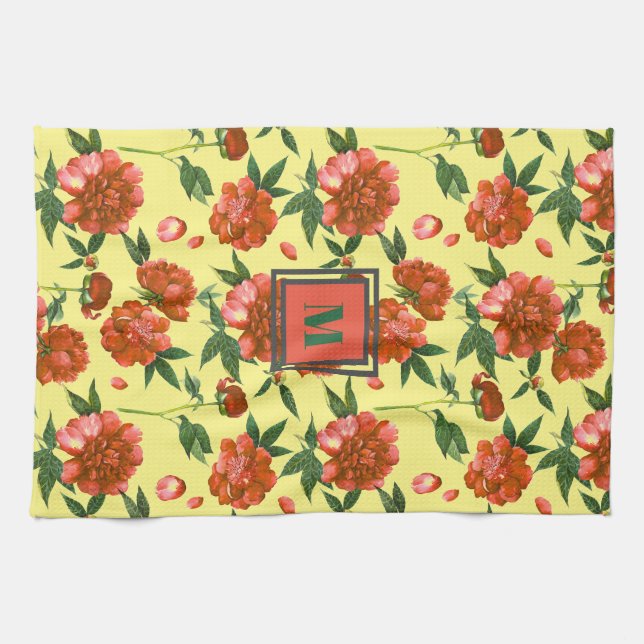 Chic Red Peonies Blooming Flowers Pattern Monogram Tea Towel (Horizontal)