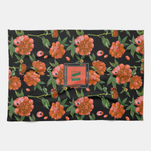 Chic Red Peonies Blooming Flowers Pattern Monogram Tea Towel