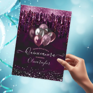 Chic red pink drips glitter balloons Quinceanera   Invitation
