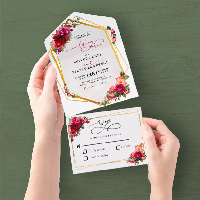 Chic red pink floral and faux gold all in one invitation (Creator Uploaded)