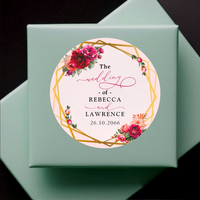 Chic red pink floral and faux gold wedding classic round sticker (Creator Uploaded)