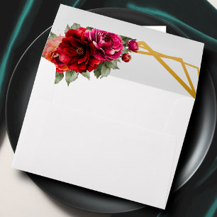 Chic red pink floral and faux gold wedding envelope