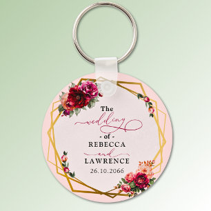 Chic red pink floral and faux gold wedding key ring