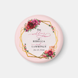 Chic red pink floral and faux gold wedding magnet