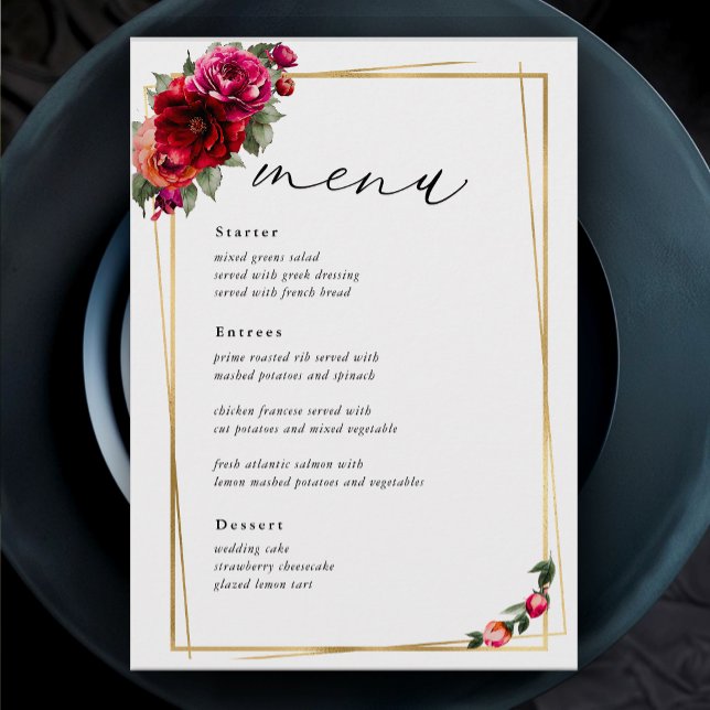 Chic red pink floral and faux gold wedding menu (Creator Uploaded)