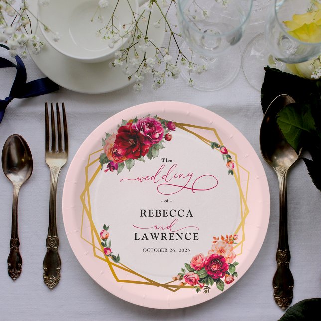 Chic red pink floral and faux gold wedding paper plate (Creator Uploaded)