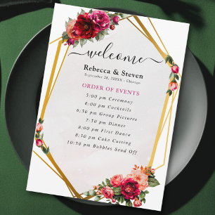 Chic red pink floral and faux gold wedding program