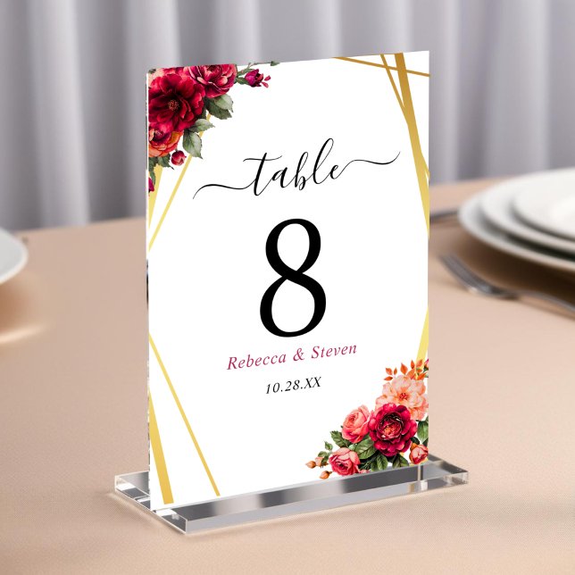 Chic red pink floral and faux gold wedding table number (Creator Uploaded)