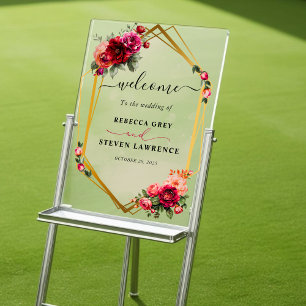 Chic red pink floral and faux gold wedding welcome acrylic sign