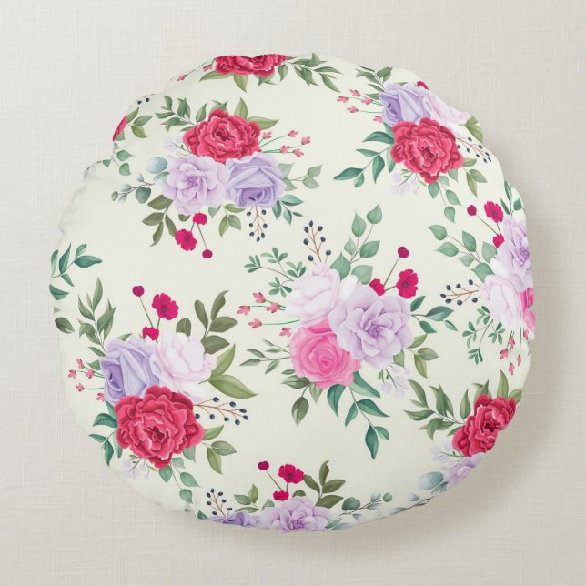 chic red,pink floral round cushion (Front)