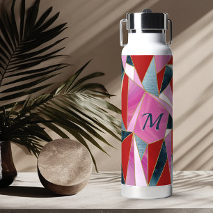 Chic red pink grey abstract geometric water bottle