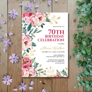 Chic Red Pink Peony Flower Gold Leaf Birthday Invitation