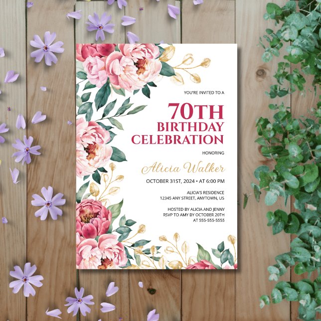 Chic Red Pink Peony Flower Gold Leaf Birthday  Invitation (Creator Uploaded)