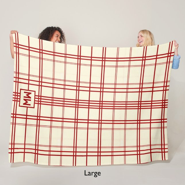 Chic red pinstripe plaid cream monogram fleece blanket (Creator Uploaded)