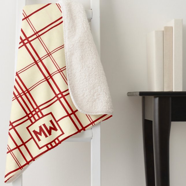 Chic red pinstripe plaid cream monogram sherpa blanket (Creator Uploaded)