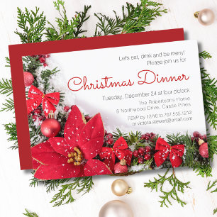 Chic Red Poinsettia Pine Christmas Dinner Party Invitation