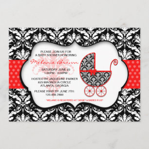 Chic Red Polka Dot Damask Baby Shower Invite