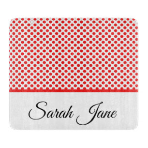 Chic Red Polka Dots Elegant Script Custom Name Cutting Board
