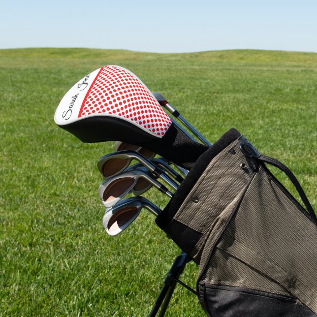 Chic Red Polka Dots Elegant Script Custom Name Golf Head Cover (In Situ)
