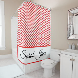 Chic Red Polka Dots Elegant Script Custom Name Shower Curtain