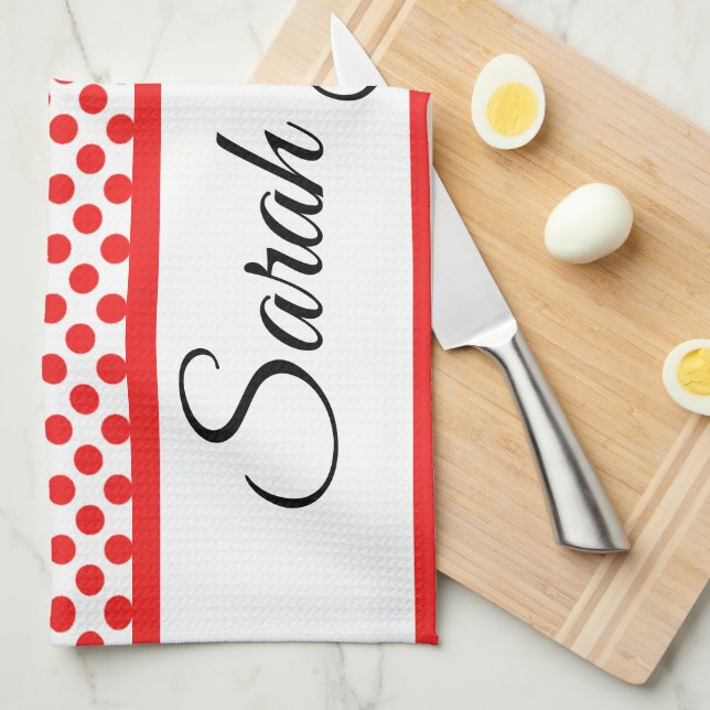 Chic Red Polka Dots Elegant Script Custom Name Tea Towel (Quarter Fold)