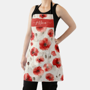 Chic red poppies script name apron